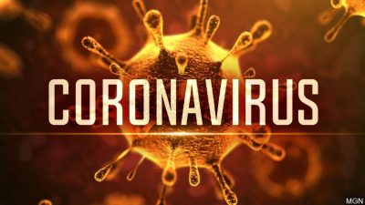 texte "coronavirus" avec la molécule à l'origine du virus en arrière-plan 