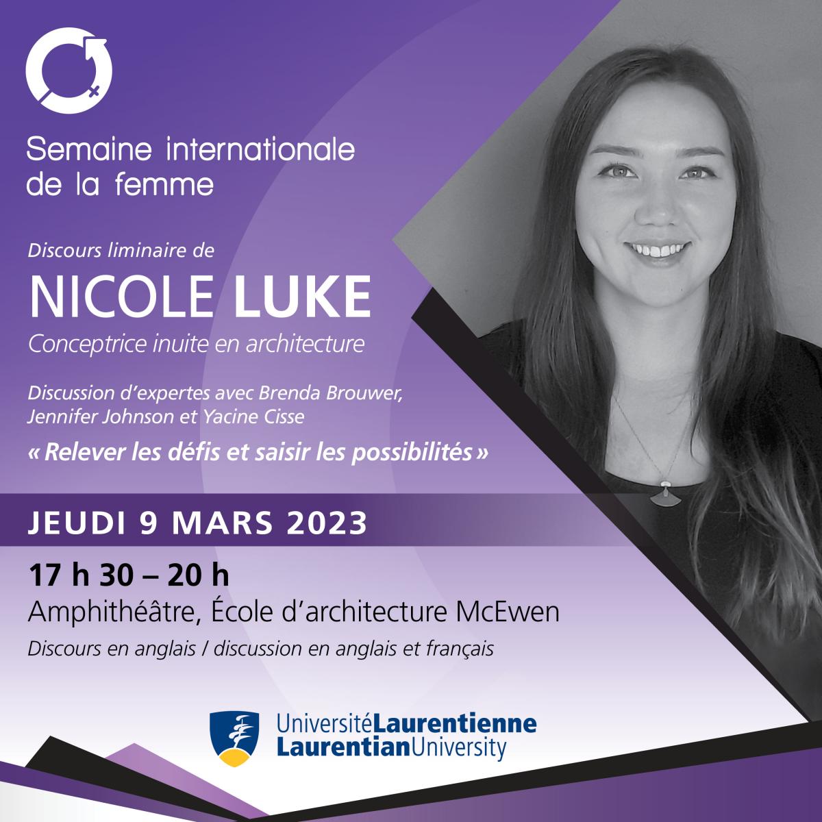 L'affiche pour le discours liminaire de Nicole Luke et la discussion d'experts.