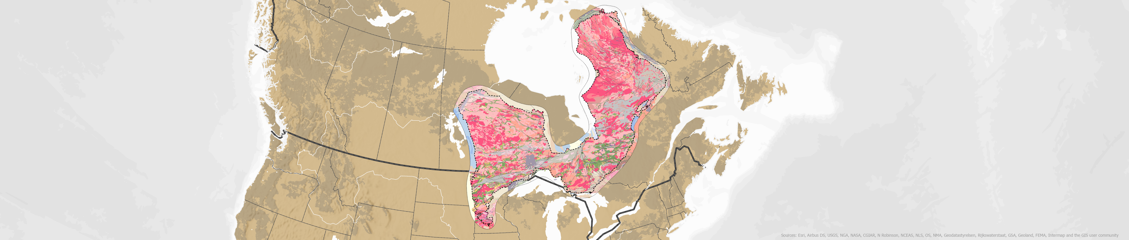 Une carte du Canada où les zones riches en métaux sont mises en évidence.