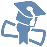 Blue-gray icon of a graduation cap with a diploma.