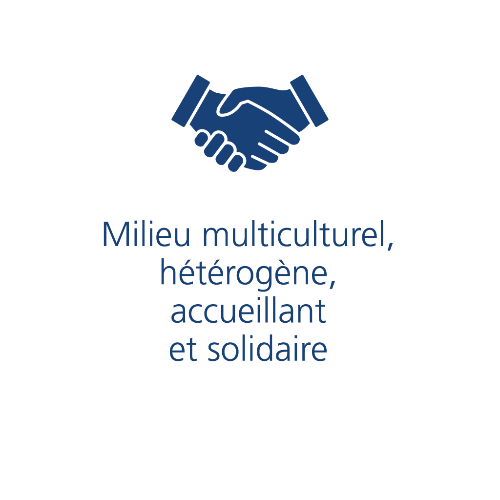 Une icône représentant deux mains se serrant la main avec le texte : Environnement multiculturel, diversifié, accueillant et favorable.