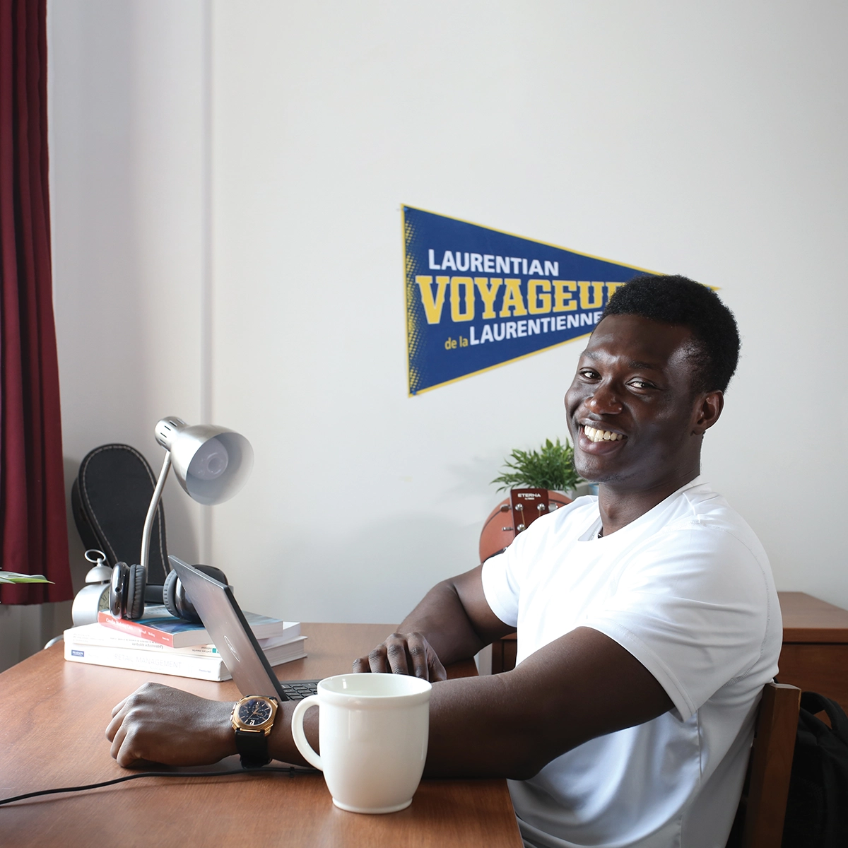 A Laurentian University student in his residence room.