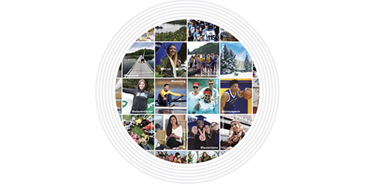 A collage of various Laurentian University viewbook photos, featuring students at graduation, students playing sports, and Sudbury landscapes.