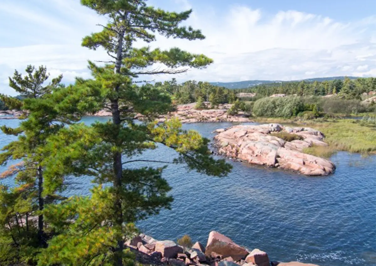 Un lac dans le nord de l'Ontario, entouré d'arbres et de formations rocheuses.