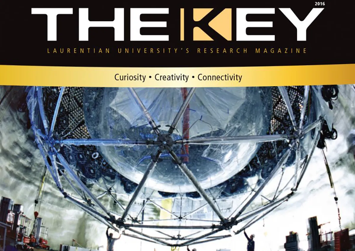 L'observatoire SNOLAB avec le logo de The Key, le magazine de recherche de l'Université Laurentienne.