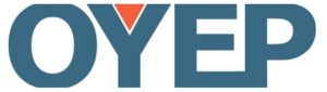 OYEP logo with bold blue letters and orange triangle