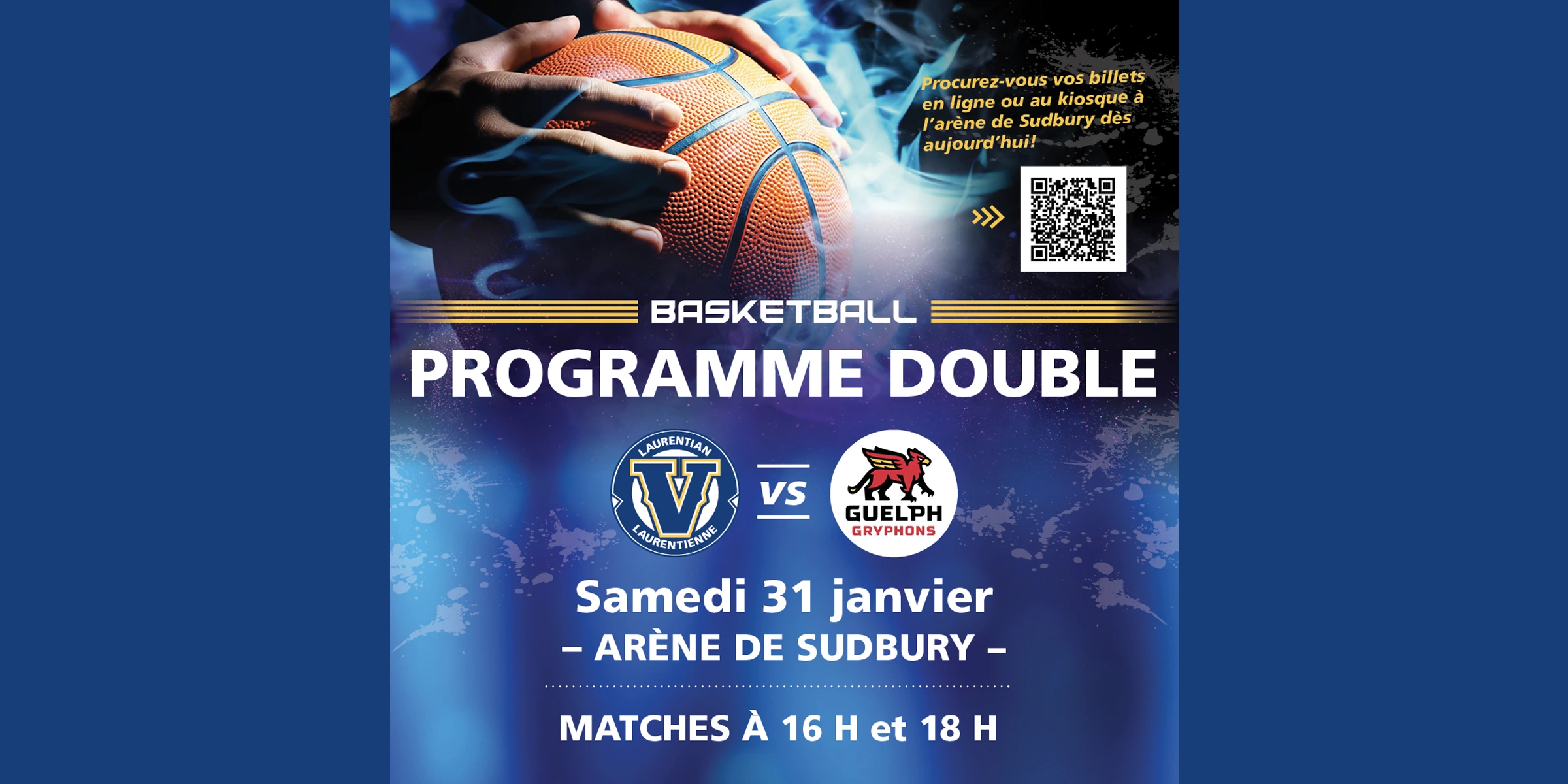 L'affiche promotionnelle du double programme Voyageurs : une main tenant un ballon de basket avec des graphismes bleus.