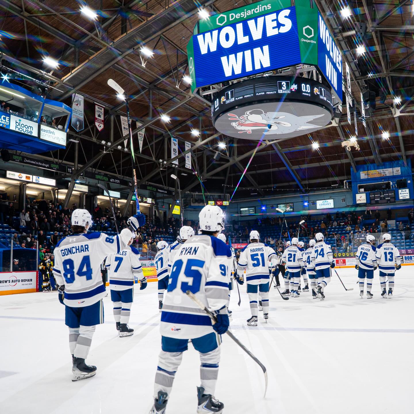 The Sudbury Wolves hockey team on the ice at the Sudbury Community Arena.