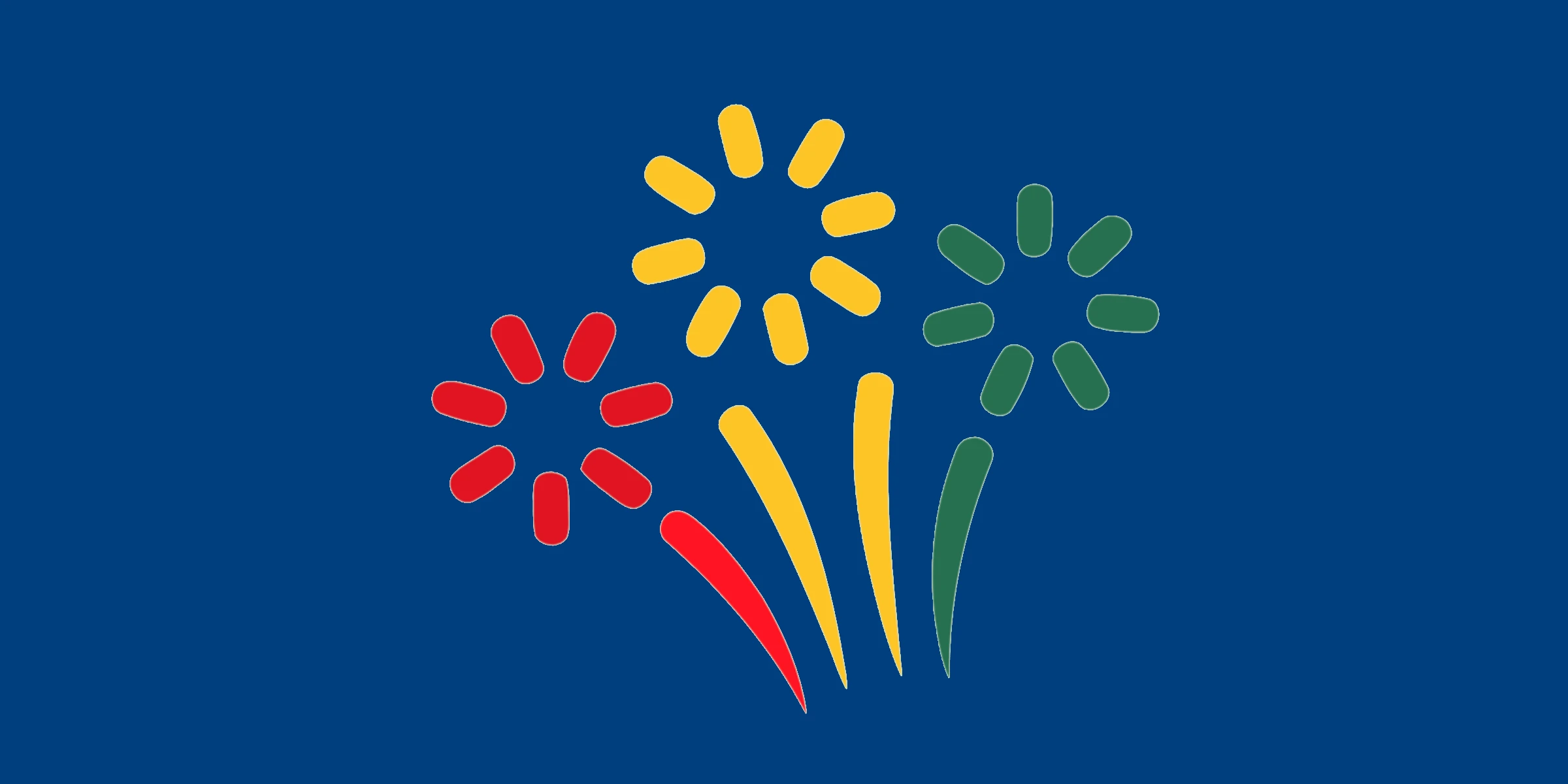 3 cartoon fireworks in red, yellow and green colours