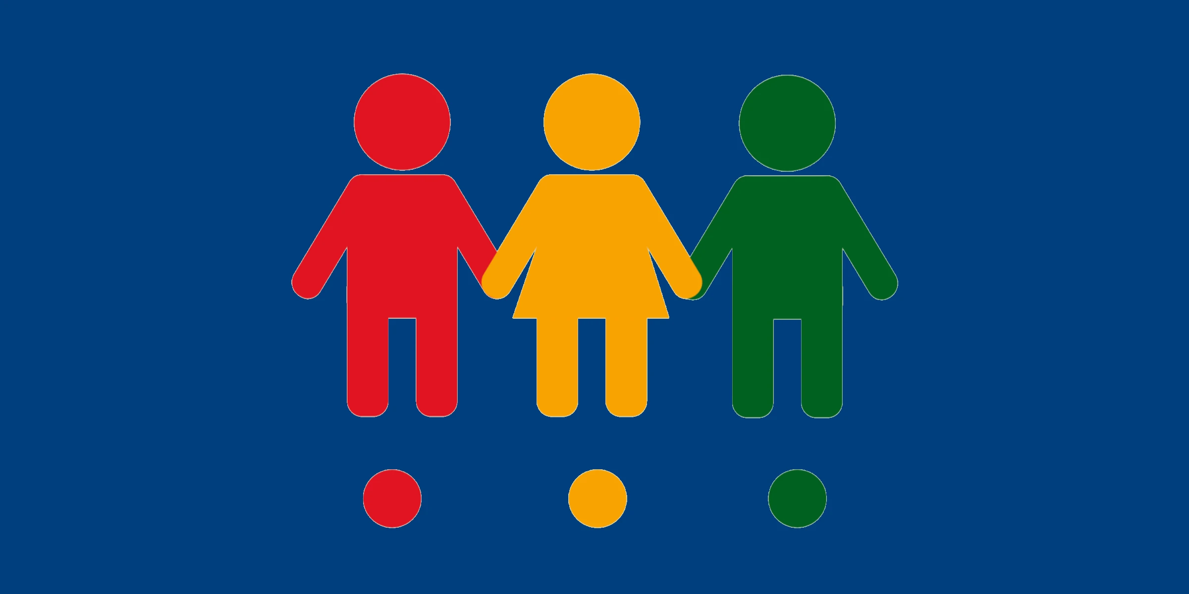 3 cartoon people in green, yellow and red