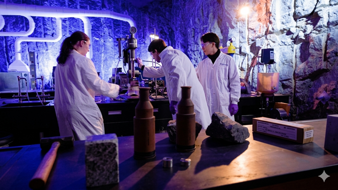 3 people in white lab coats doing an experiment