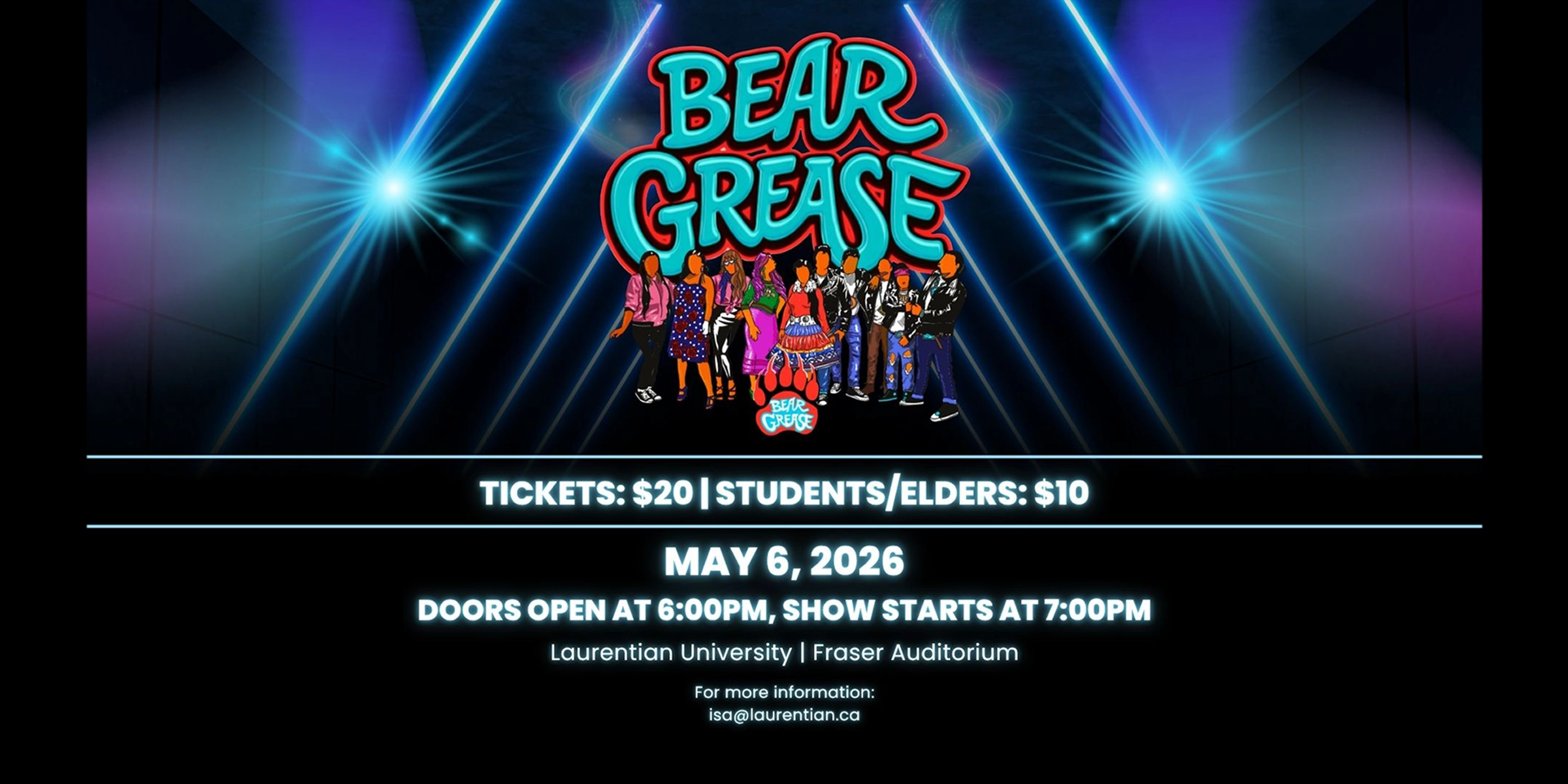 Event poster for Bear Grease the Musical, featuring an illustrated cast of Indigenous characters.