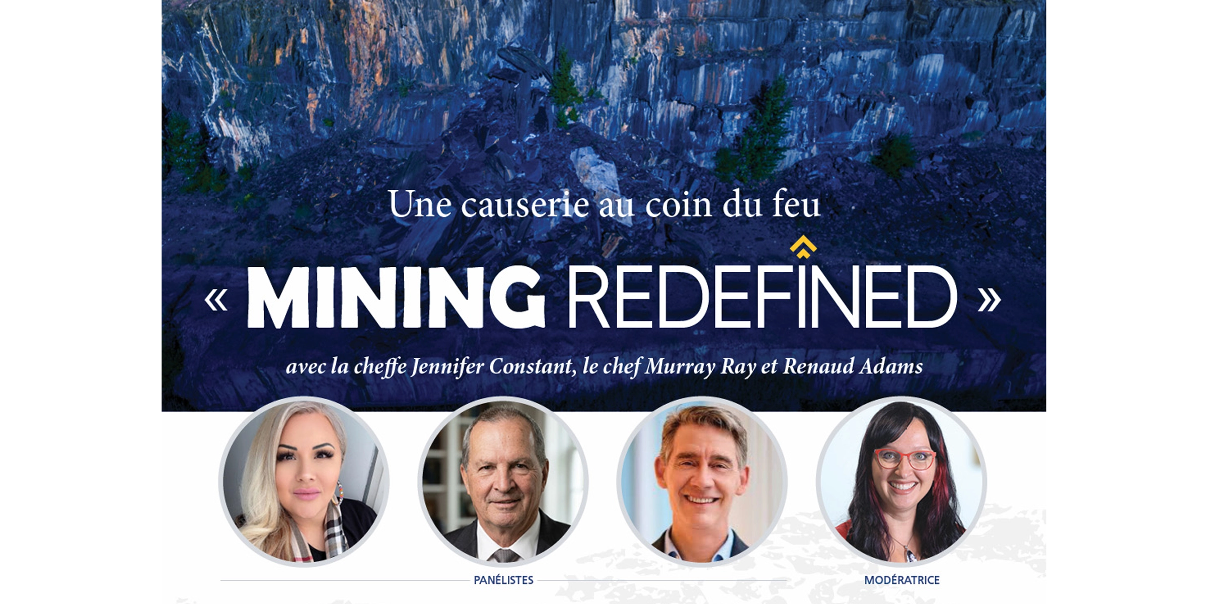 Façade rocheuse teintée de bleu sur laquelle on peut lire en lettres blanches : Mining redefined, en anglais.