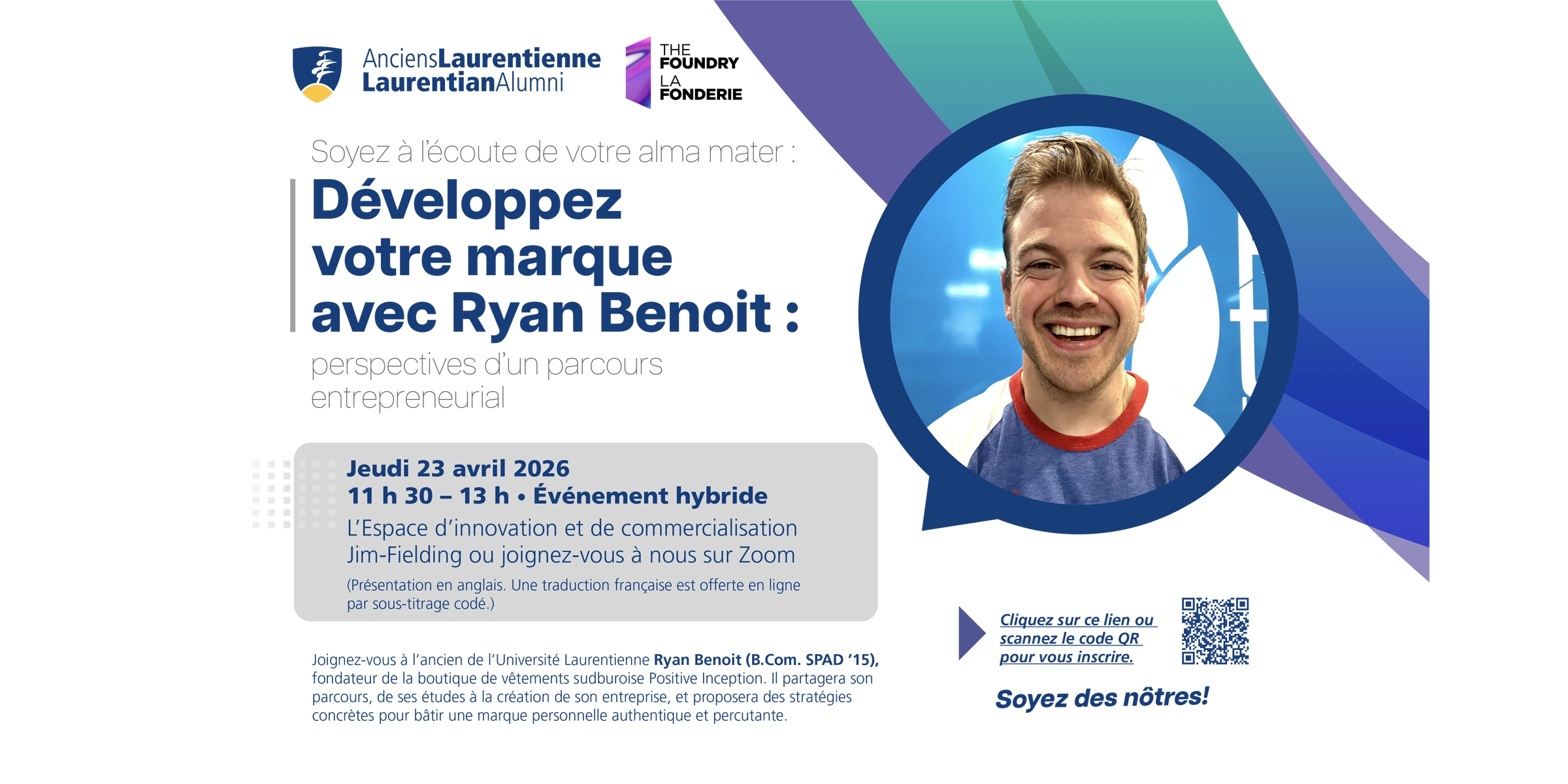 Affiche promotionnelle pour la série de conférences des anciens avec Ryan Benoit, sur laquelle figure une photo de Ryan souriant.