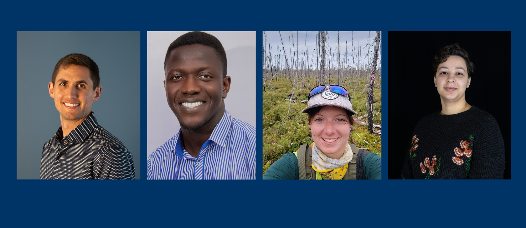 We have a group promotional photo featuring four professional headshots on a dark blue background. From left to right, the image features Patrick Drouin, Oluwagbemiga Oyinlola, Nicole Balilston (pictured in an outdoor field setting), and Asha Chiraghdin.