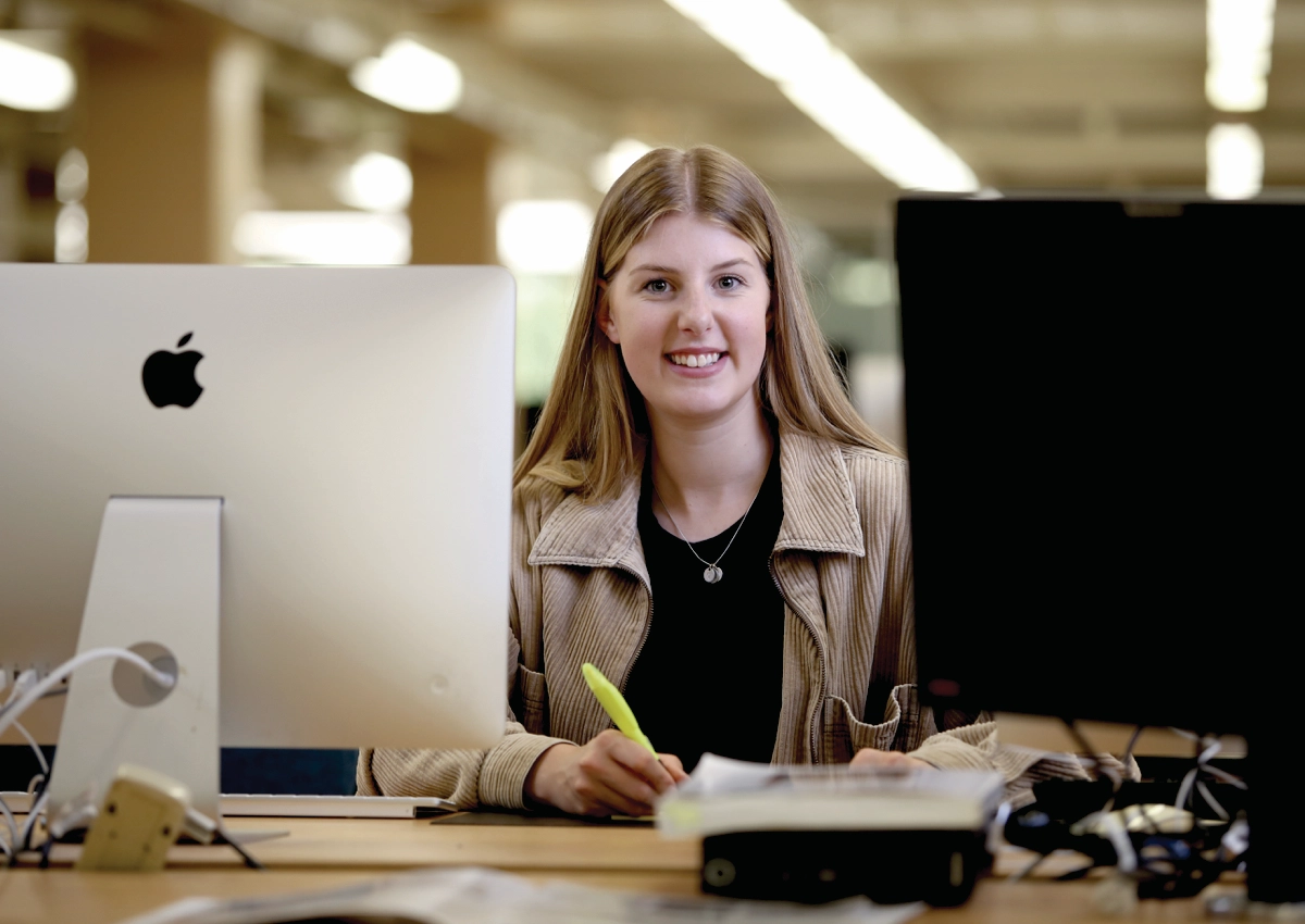 A Laurentian University student studying in the J.N. Desmarais Library.