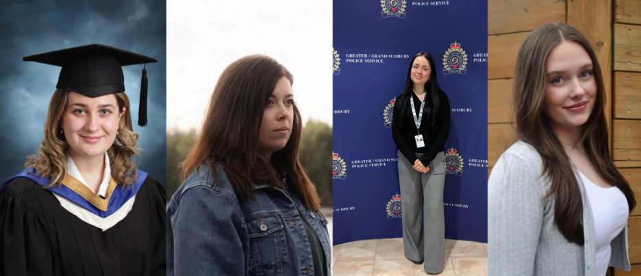 A composite image of four Laurentian University students, from left to right: Sophia Lisi in a formal graduation gown and mortarboard cap; Chelsea Tawse in an outdoor profile portrait wearing a denim jacket; Gabrielle Trottier standing in front of a blue Greater Sudbury Police Service backdrop; and Jenna Rossignol smiling against a light wood panel background.