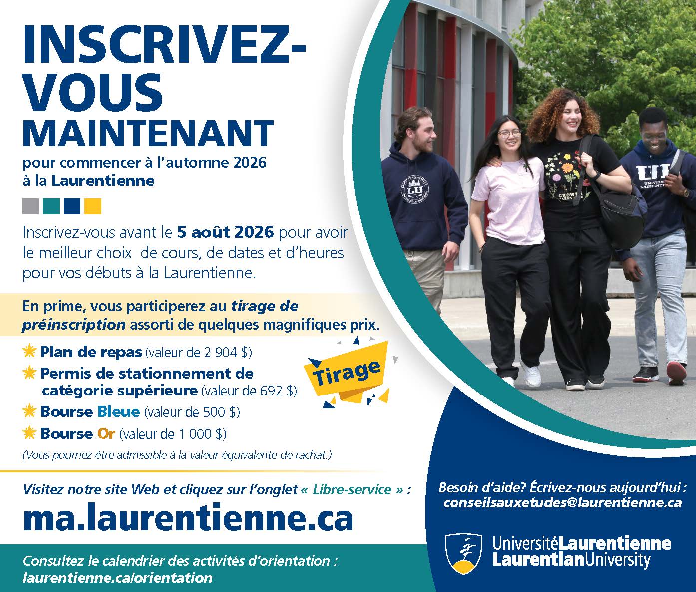 Affiche faisant la promotion des inscriptions aux cours de l’automne 2026 à l’Université Laurentienne, avec des personnes étudiantes marchant sur le campus.