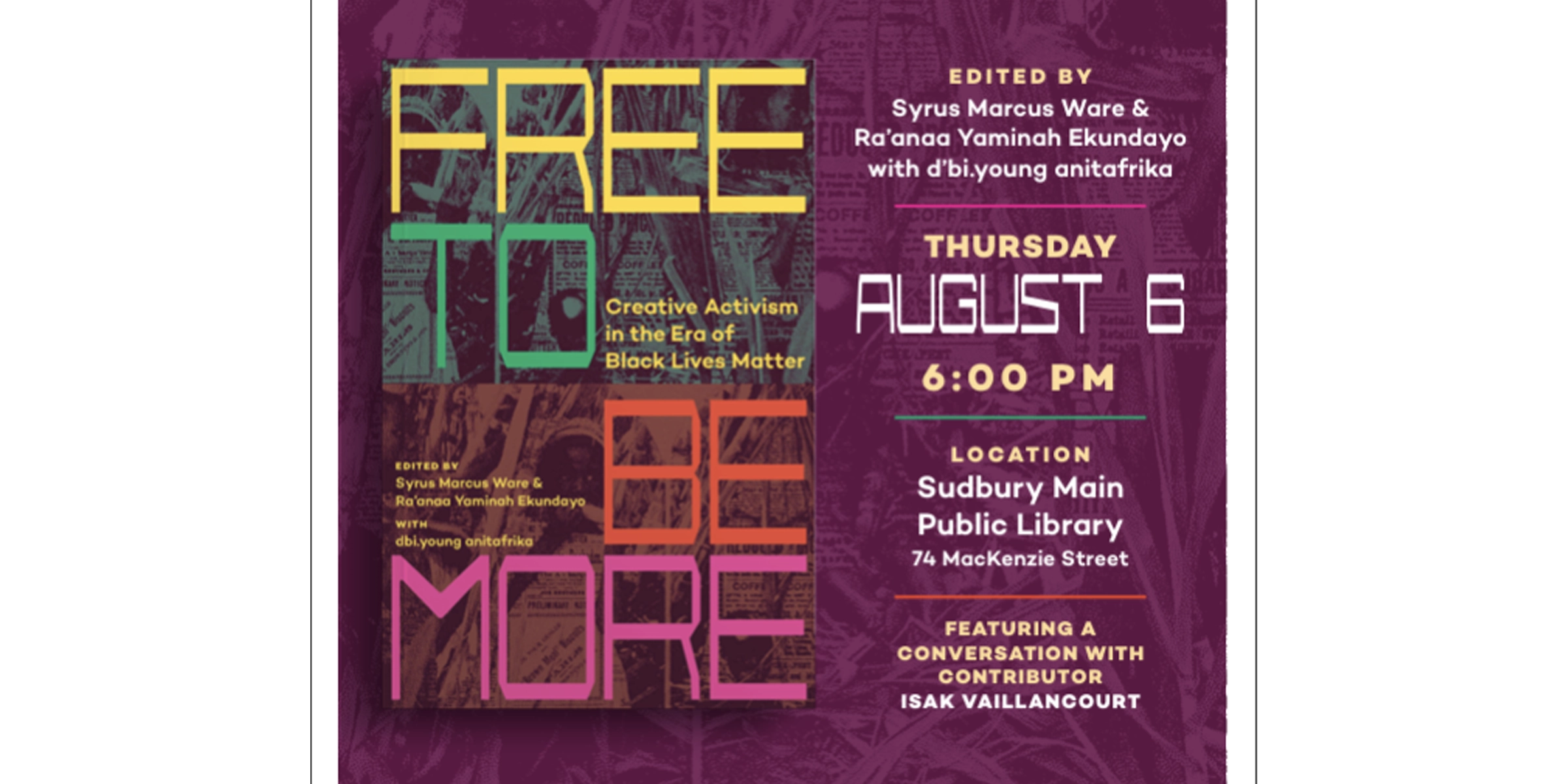Promotional poster for the book launch of Free to Be More by Ra’anaa Yaminah Ekundayo.