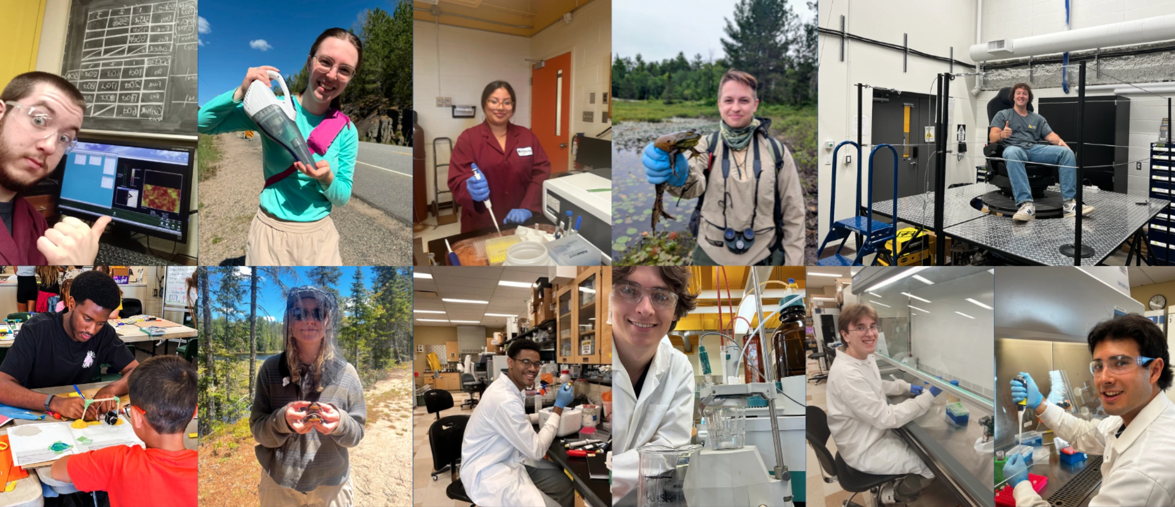 A 2-row photo collage featuring 11 undergraduate research award recipients ordered from top-left to bottom-right (matching the news release order), showing each student participating in various lab and field research environments, including chemistry labs, wetlands, driving simulation setups, and classrooms.