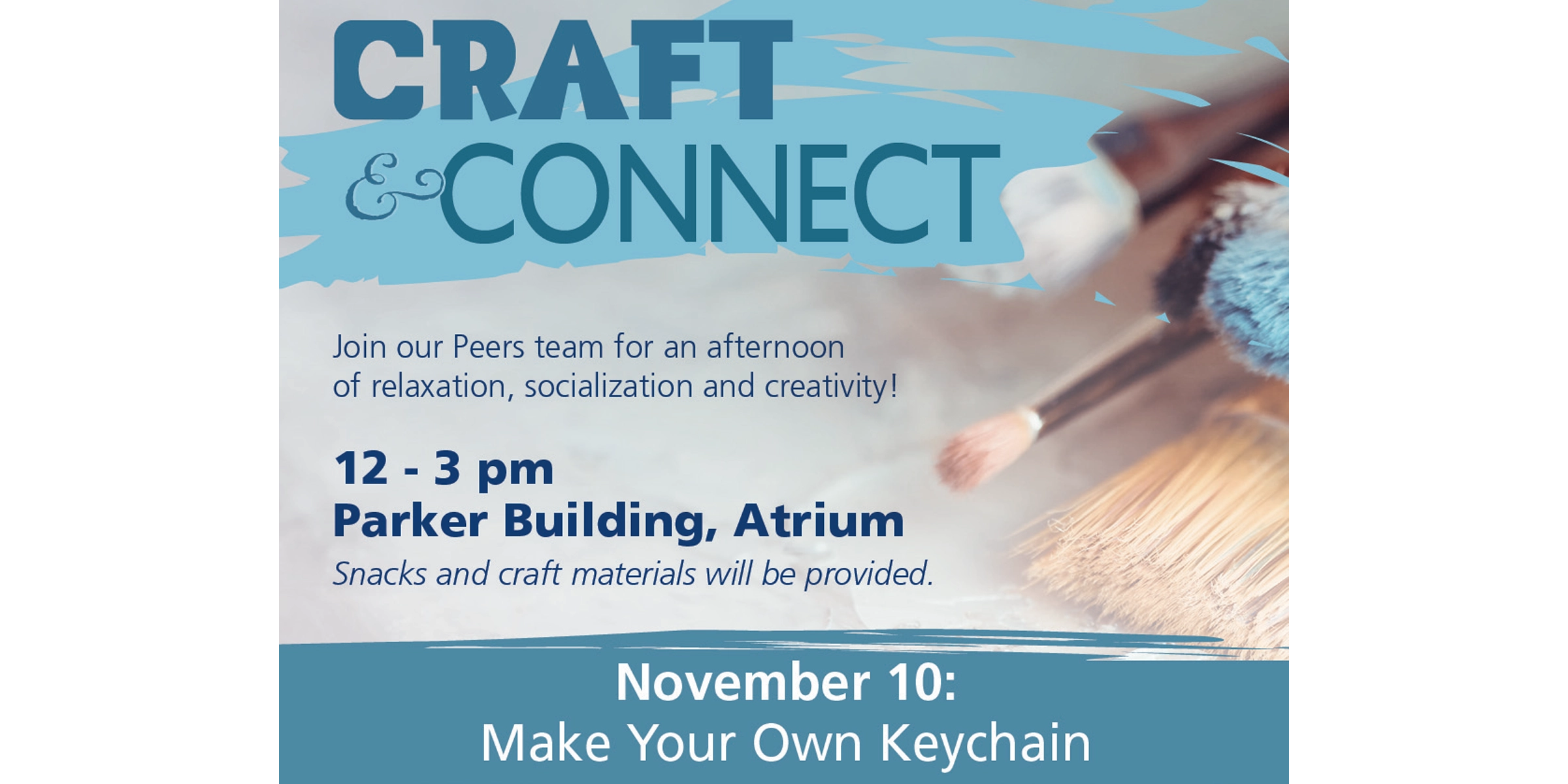 Blue text which reads Craft and Connect, next to a bundle of paintbrushes on a grey background.
