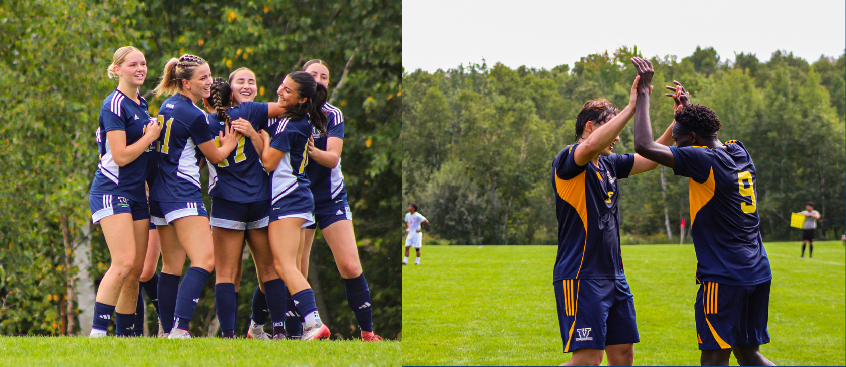 A split image showing the Laurentian Voyageurs soccer teams celebrating on the pitch. On the left, five members of the women's soccer team in navy and white uniforms hug and smile together. On the right, two members of the men's soccer team in dark blue and yellow uniforms high-five outdoors.