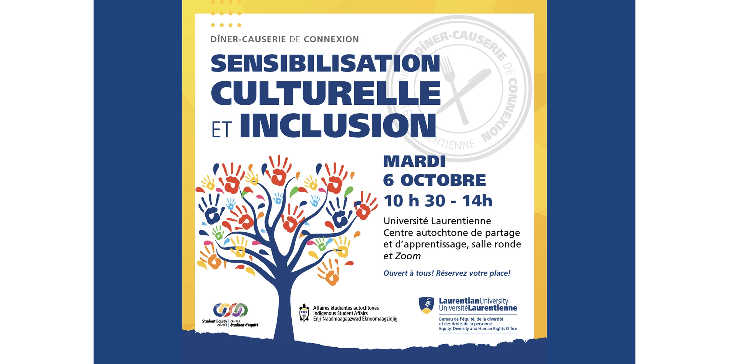 Illustration promotionnelle pour le dîner-causerie  Sensibilisation culturelle et inclusion : un arbre bleu dont les feuilles sont formées d'empreintes de mains multicolores.