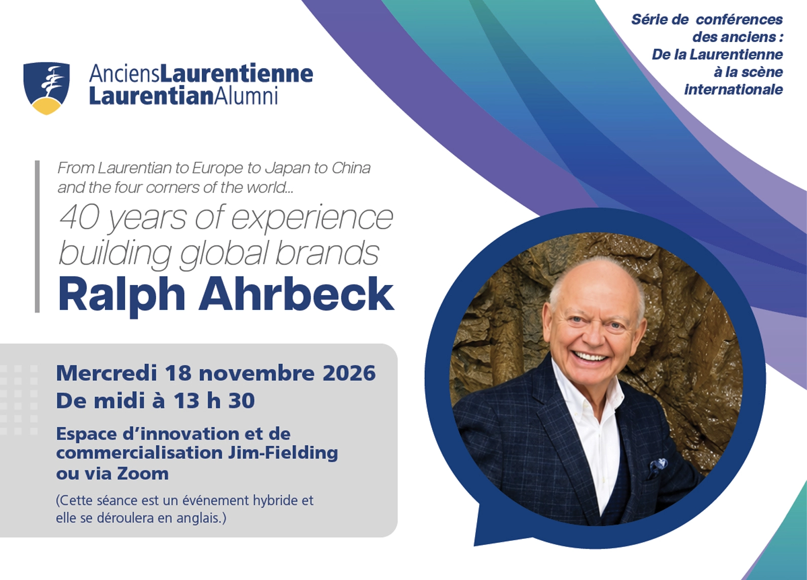 Affiche promotionnelle pour la série de conférences des anciens, présentant un portrait de Ralph Ahrbeck