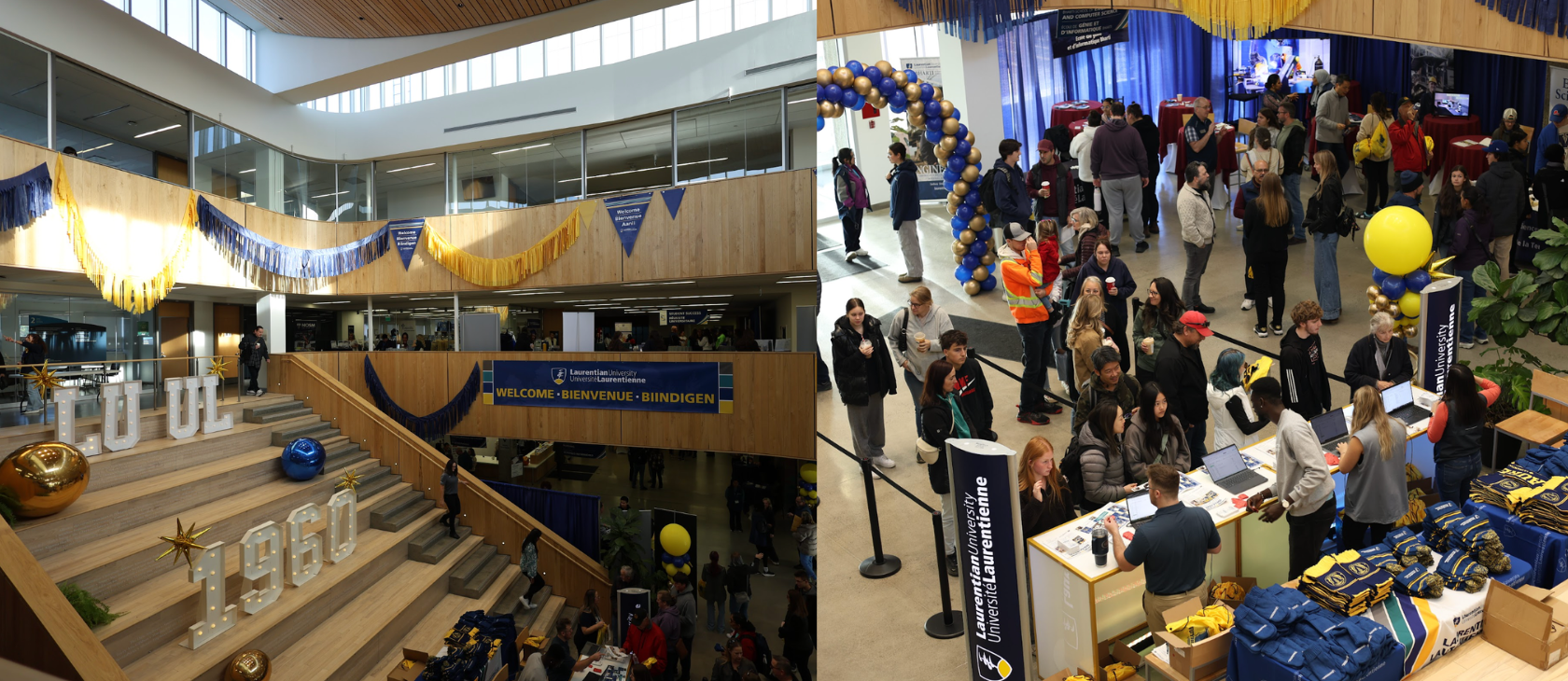  A split-view image of a Laurentian University Open house event: the left shows a multi-level atrium decorated in blue and gold with a large "1960" display, banner, and swags; the right shows students and staff interacting at information booths under balloon arches. 