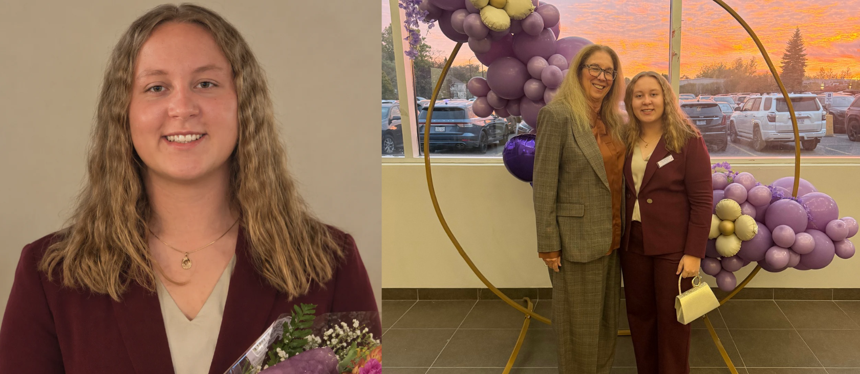 Left: Headshot of Leila Barsanti smiling in a burgundy blazer and holding flowers. Right: Leila Barsanti and her aunt posing at the YWCA gala on October 17 in front of a purple balloon arch and sunset.