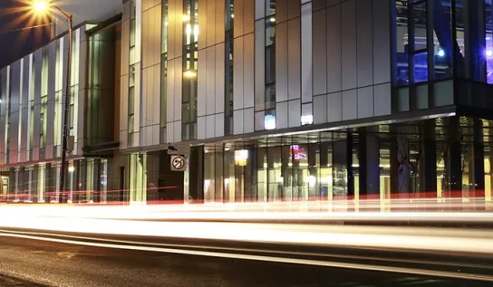 The McEwen School of Architecture at night.