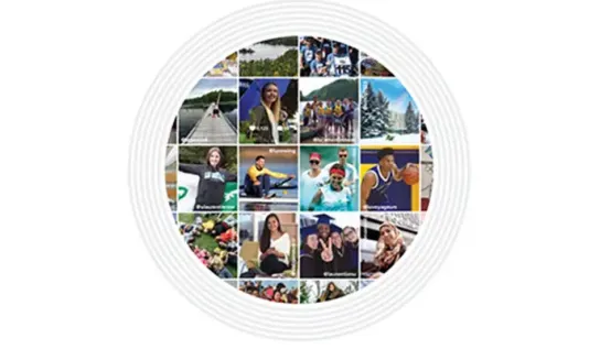 Collage de diverses photos tirées du catalogue de l'Université Laurentienne, mettant en vedette des étudiants et des paysages de Sudbury.