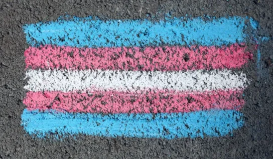 Trans flag drawn with chalk on pavement 