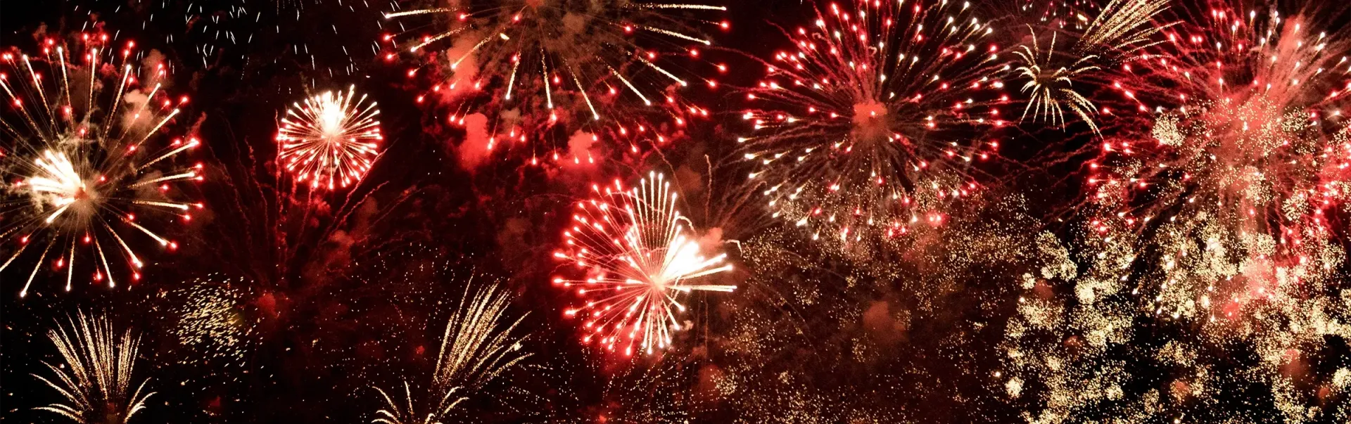 Red and gold fireworks in the night sky.