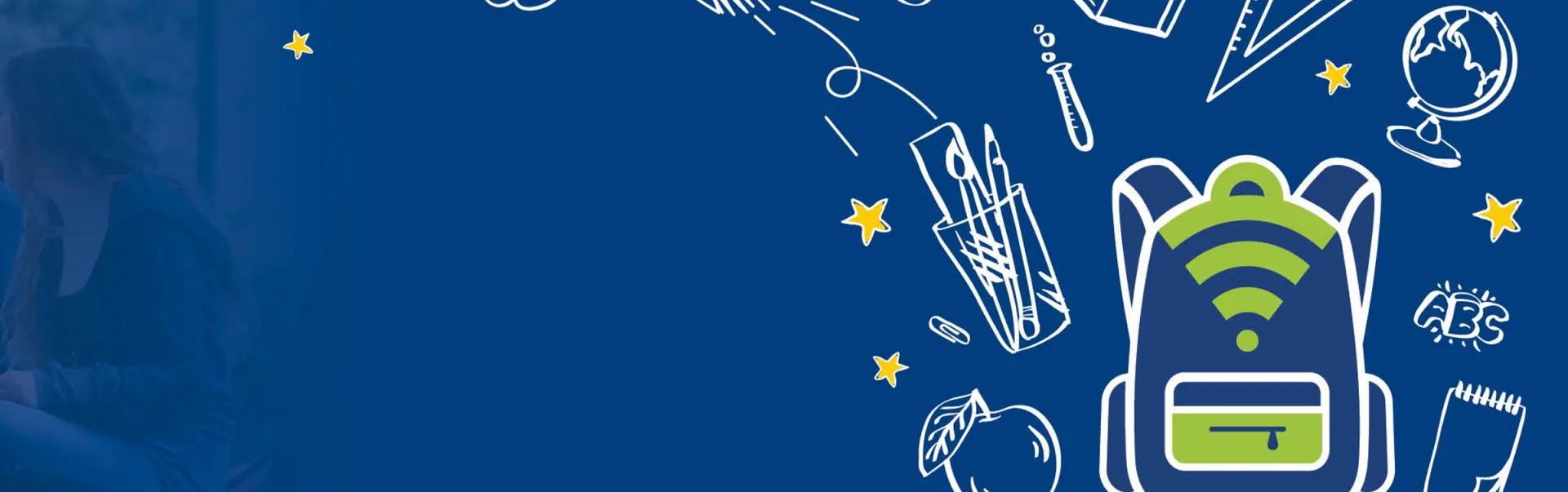 Un fond bleu avec un motif graphique blanc et vert représentant un sac à dos.