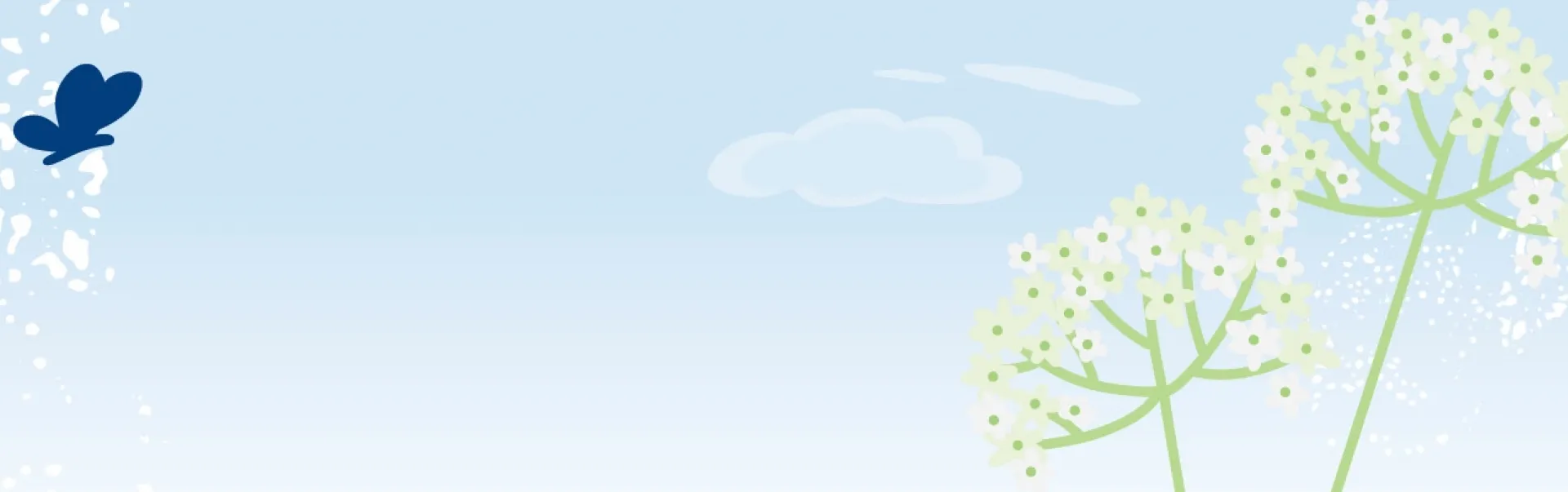 Picture of baby blue sky with navy blue silhouette of butterfly on top left and flowers taking up the last third of the image
