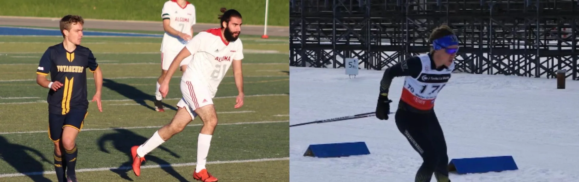Cameron joue au football et à côté, il fait du ski.