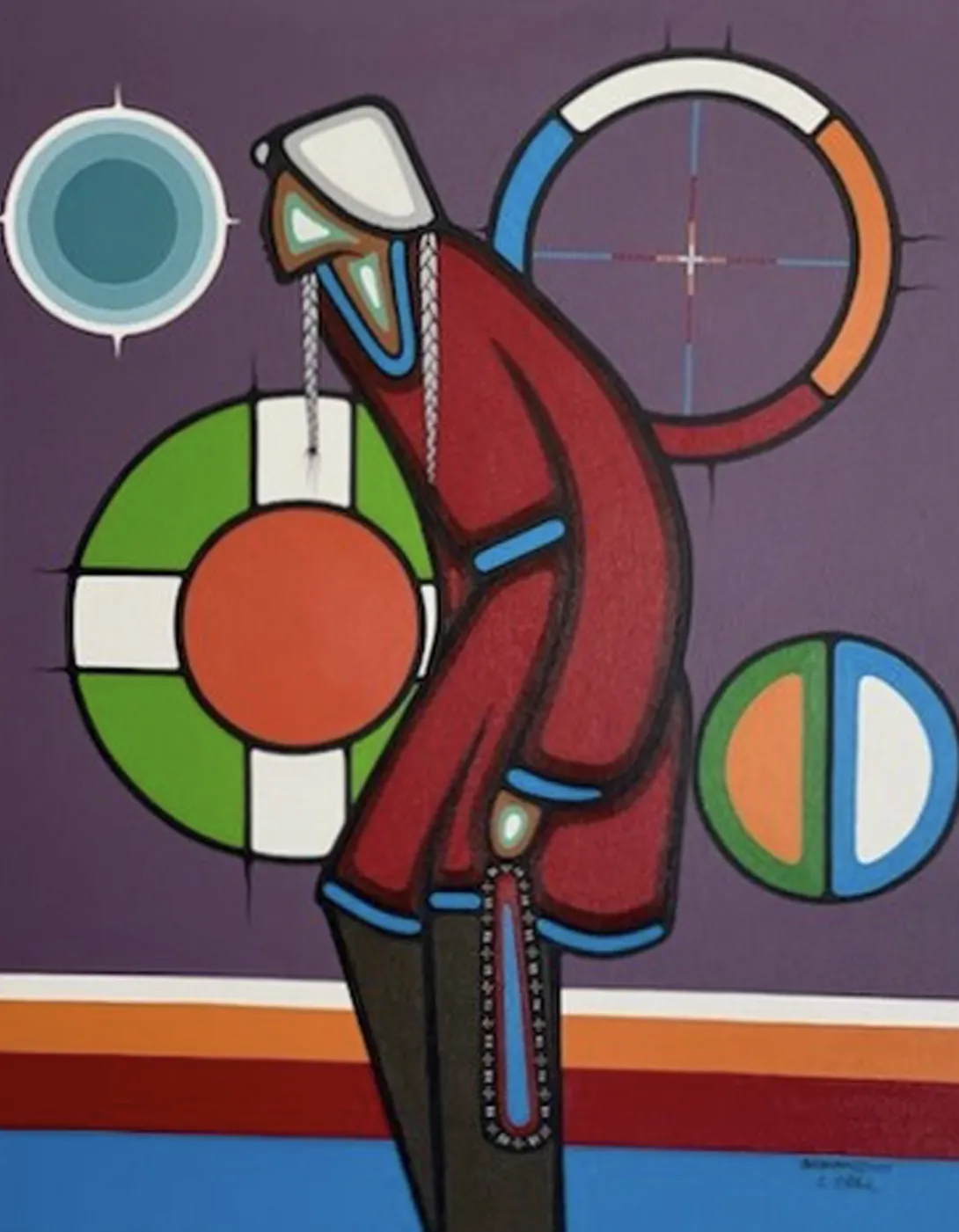 One of Leland Bell's paintings, depicting a person standing in front of a purple background, with multi-coloured circles around them.