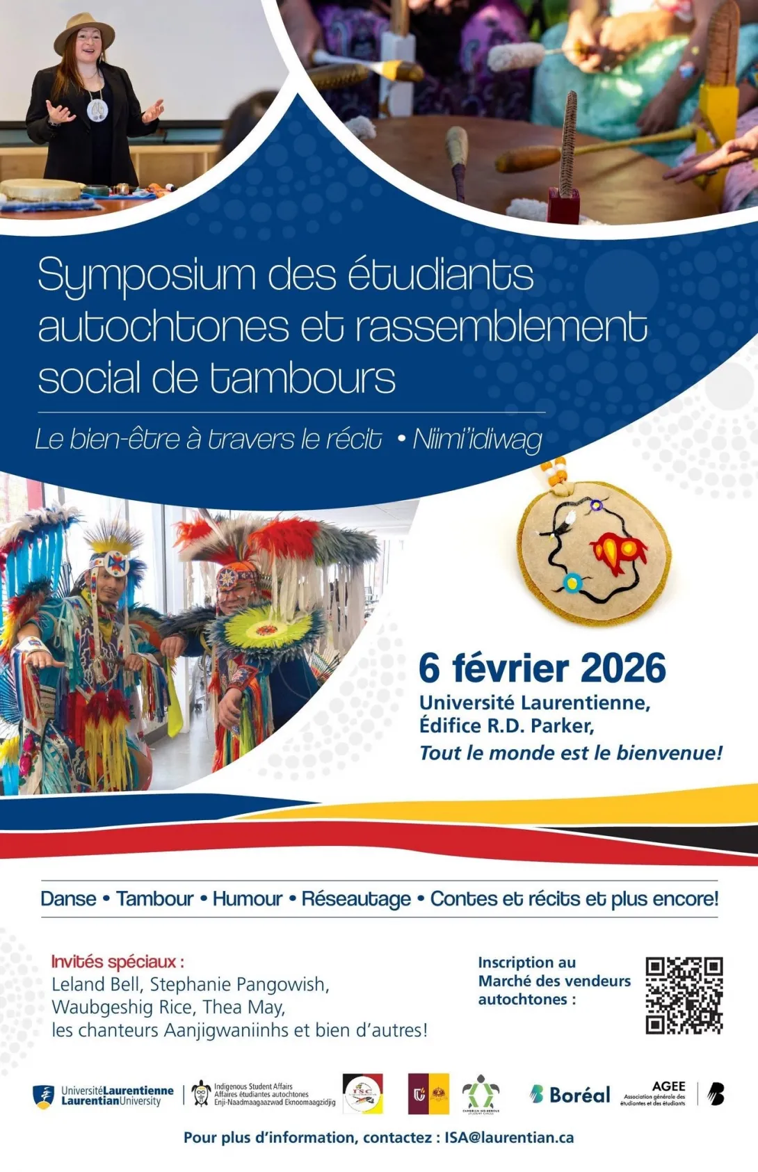 Graphisme promotionnel pour le symposium des étudiants Autochtones, Le bien-être à travers le récit, présentant un collage de présentateurs et de danseurs Autochtones.