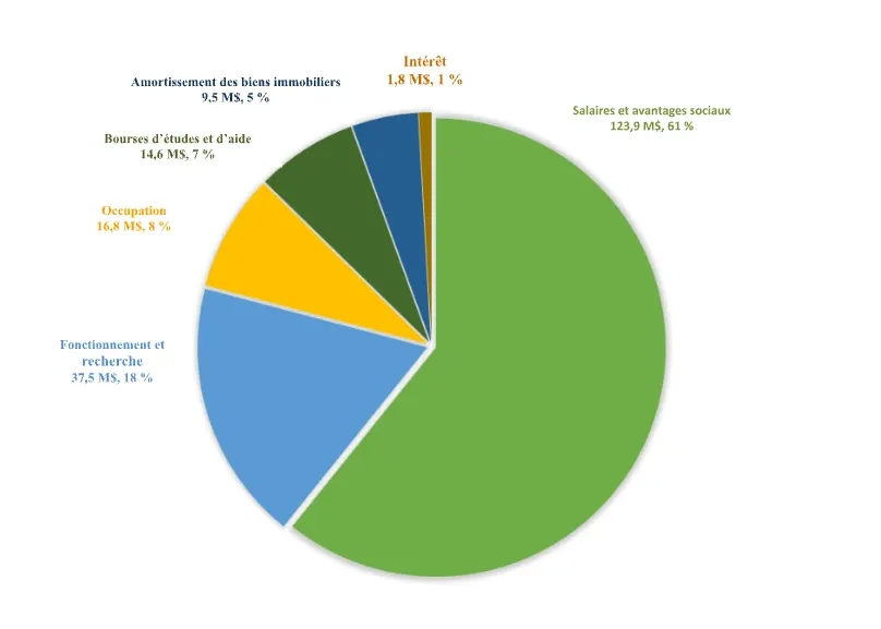 Un diagramme circulaire indiquant que le montant total des dépenses prévues s'élève à 215,1 millions de dollars