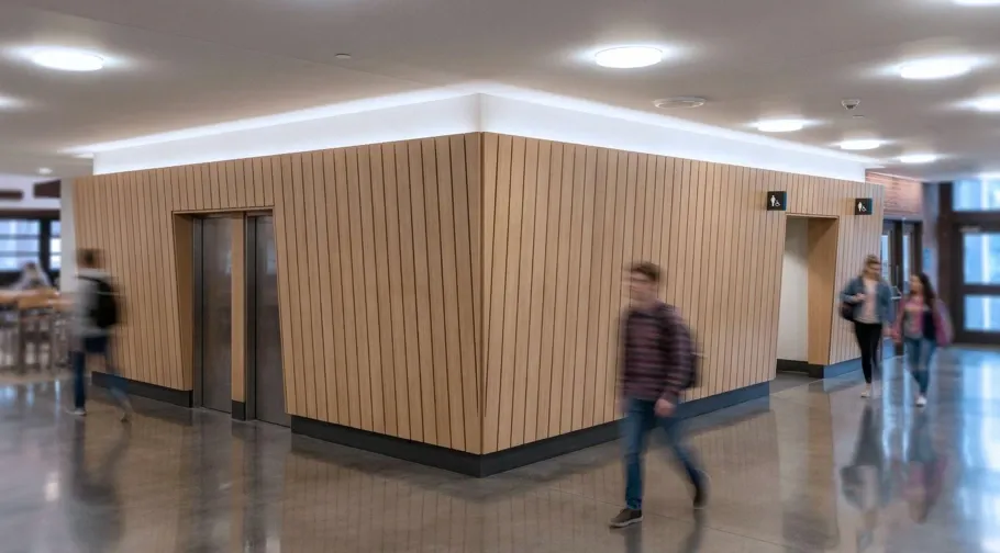 Image is a concept rendering of the proposed new design, a bright, modern concept featuring warm wood paneling sloped walls, and new entry into washrooms.